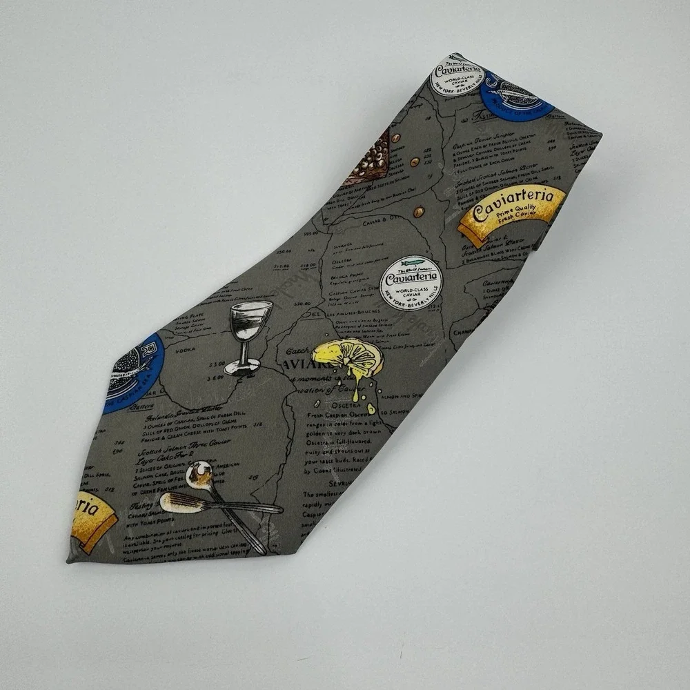 VTG Nicole Miller Caviar Cocktail Novelty Silk Tie 1995 Gray